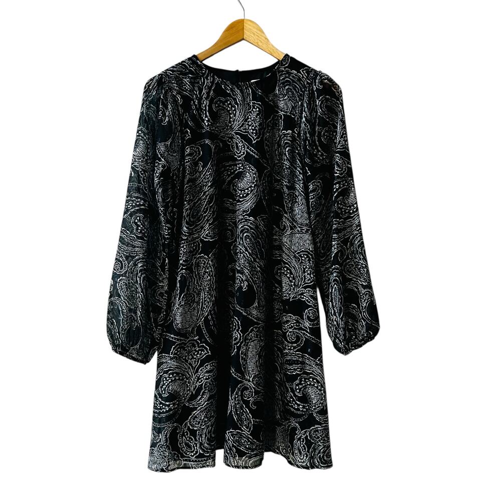 Calvin Klein Paisley Print Long Sleeve A Line Dress Size 6 Black Gray - Picture 2 of 8